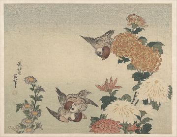 Hokusai Katsushika - Sparrows and Chrysanthemums